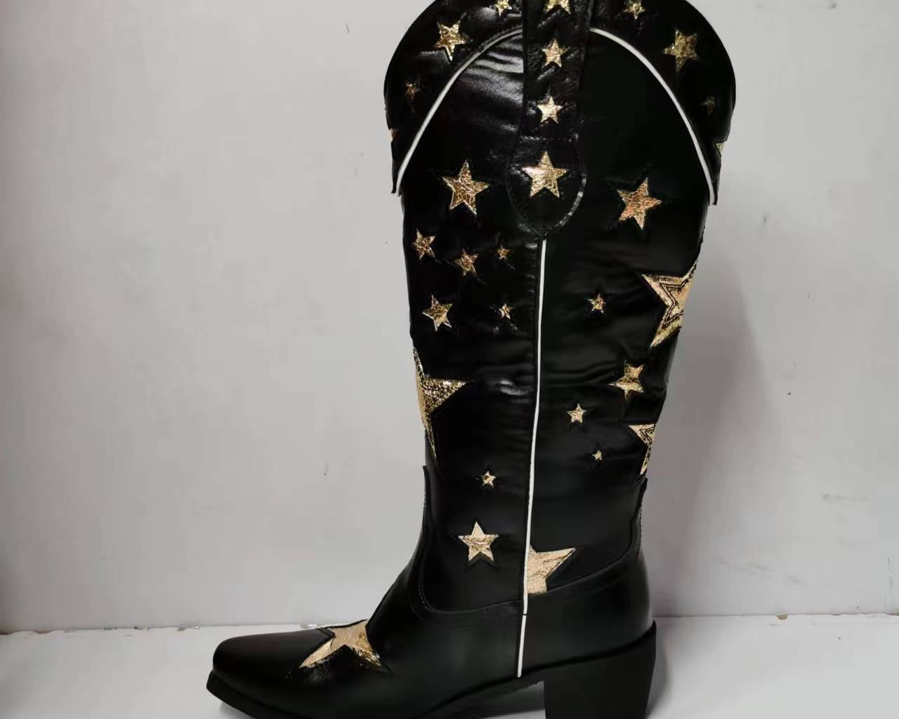 BUSY GIRL XY4068 Womens Western Boots Knee High Classic Star Black Heels Hiking Party Shoes Black Leather Cowboy Boots for Women - NEWYORKLISTED