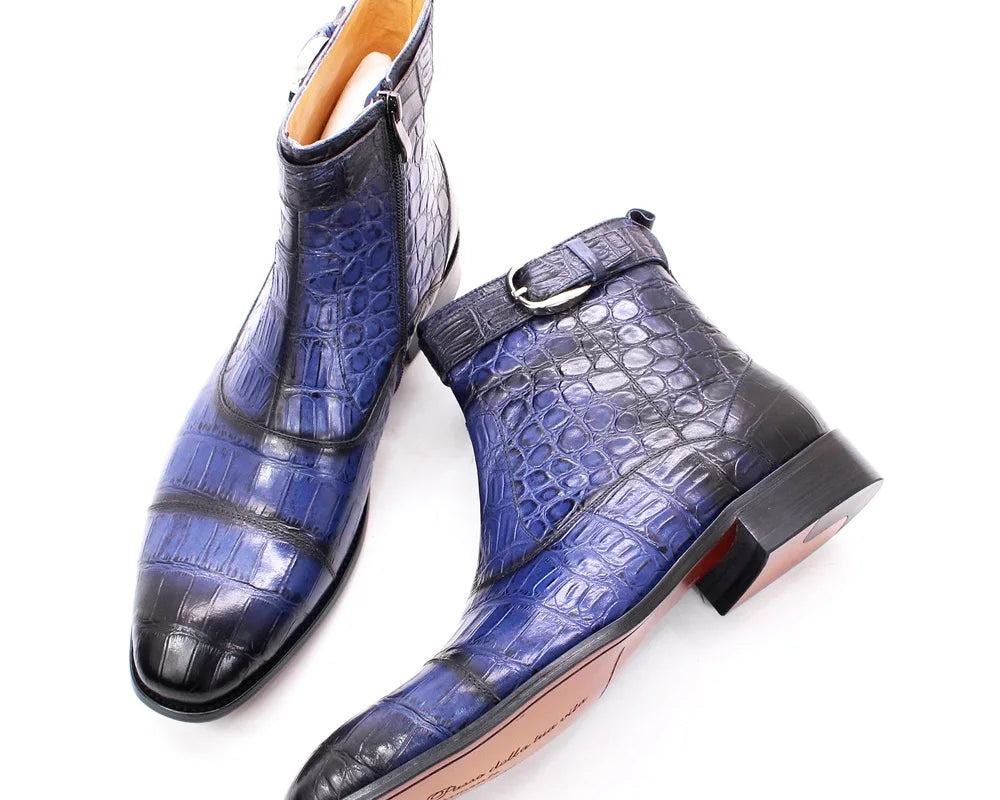 NEWYORKLISTED MEN'S COLLECTION: Blue crocodile-patterned dress shoes on a white background