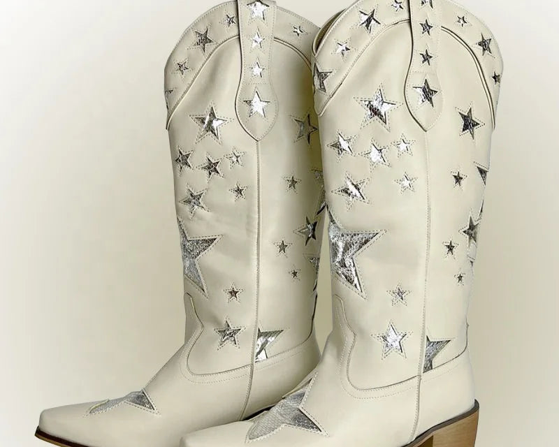 BUSY GIRL XY4068 Womens Western Boots Knee High Classic Star Black Heels Hiking Party Shoes Black Leather Cowboy Boots for Women - NEWYORKLISTED