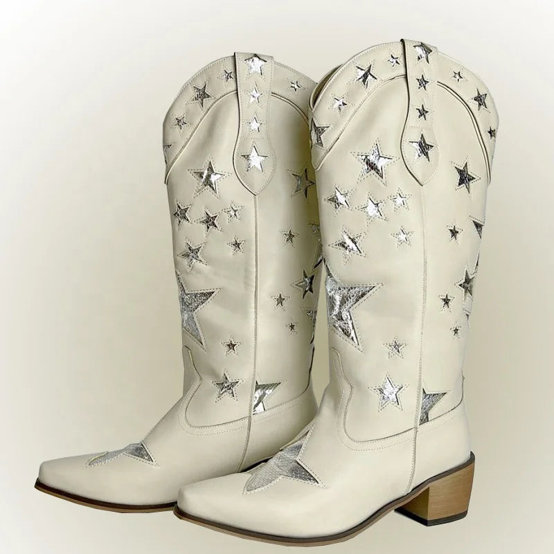 BUSY GIRL XY4068 Womens Western Boots Knee High Classic Star Black Heels Hiking Party Shoes Black Leather Cowboy Boots for Women - NEWYORKLISTED