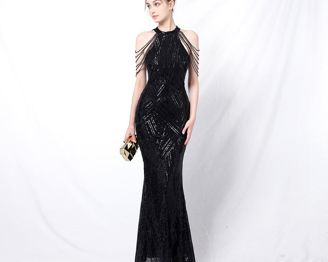 Backless Lace Evening Dress Women Party Long Wear Sequin Fishtail Silk Sexy Dresses Gowns for Women Evening Dresses Elegant - NEWYORKLISTED