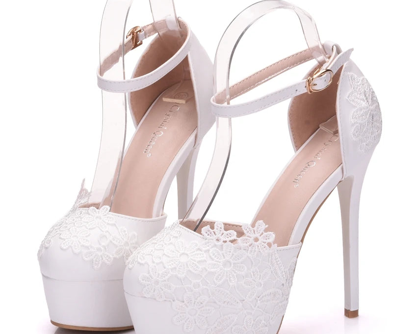White Lace High Heels Wedding Shoes Bride Party Shoes Women Pumps Paltform Ladies Sandals Bridal Shoes Ankle Strap Wedges - NEWYORKLISTED