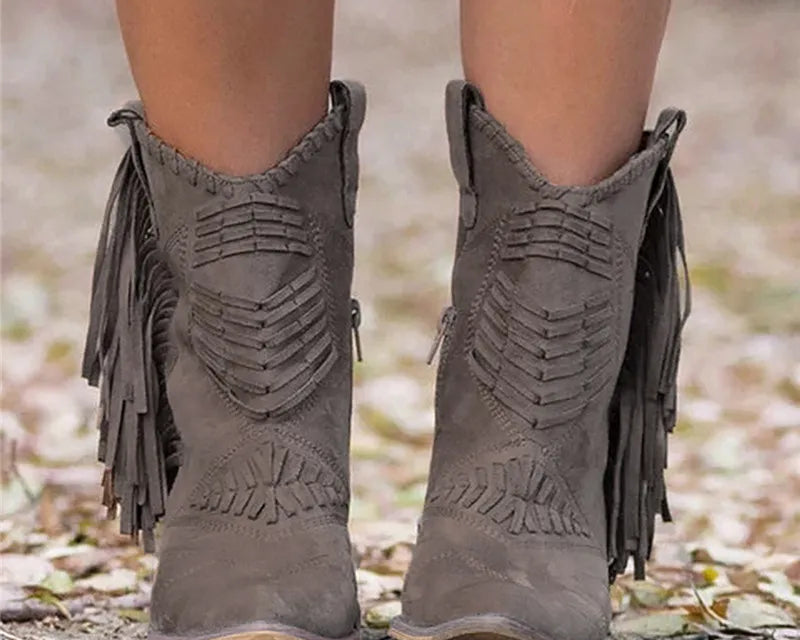 2022 Women Boots Western Cowgirl Fringe Boots Vintage Motorcycle Riding Boots Thick High Heel Leather Plus Size Chaussure Femme - NEWYORKLISTED