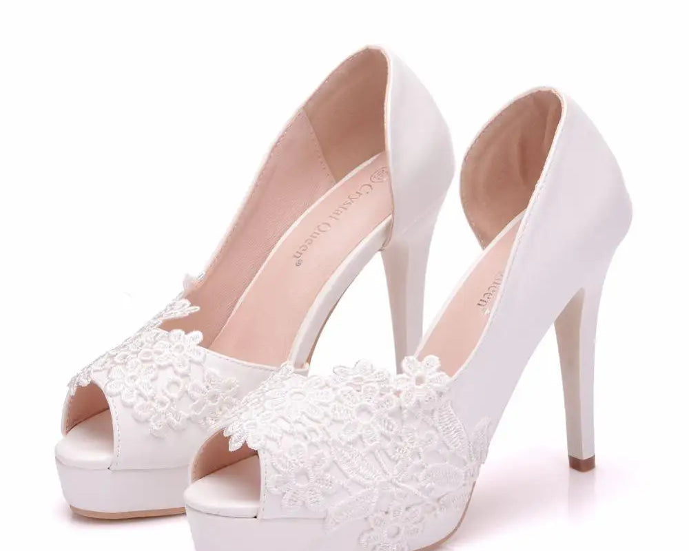 White Lace High Heels Wedding Shoes Bride Party Shoes Women Pumps Paltform Ladies Sandals Bridal Shoes Ankle Strap Wedges - NEWYORKLISTED