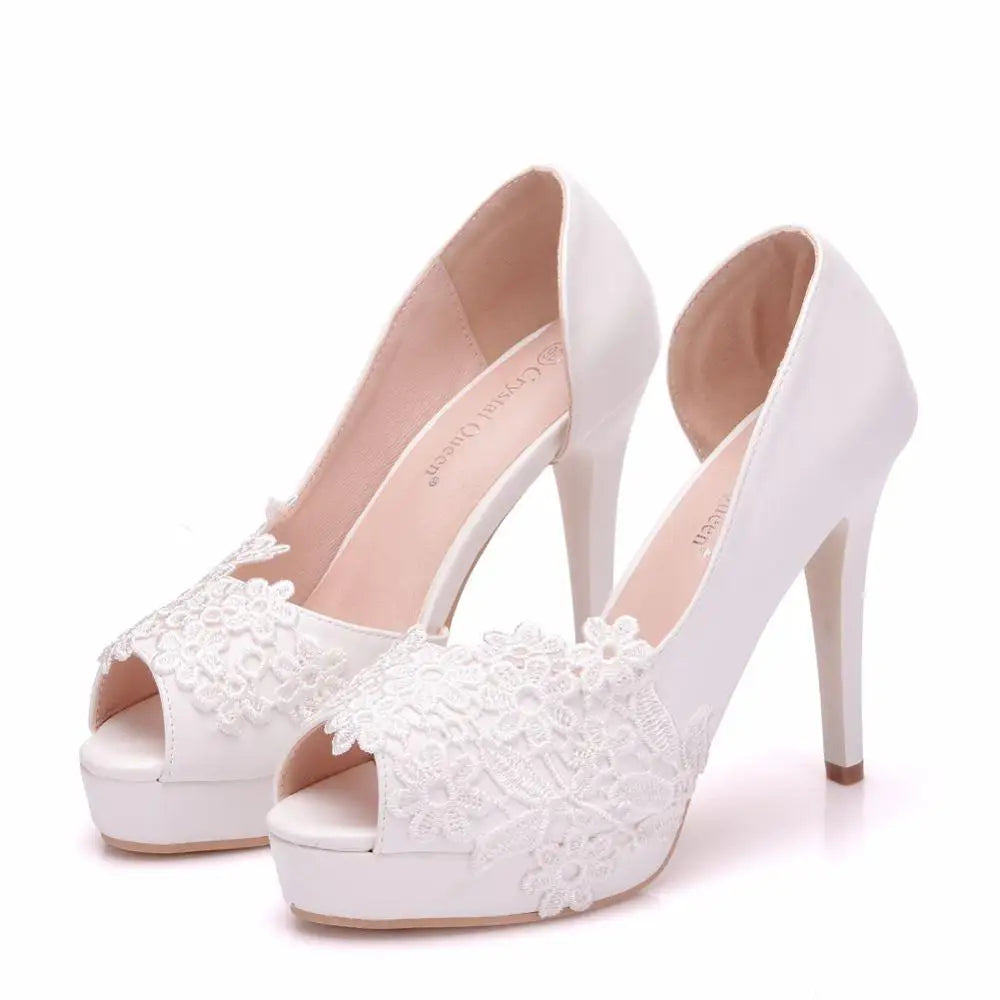 White Lace High Heels Wedding Shoes Bride Party Shoes Women Pumps Paltform Ladies Sandals Bridal Shoes Ankle Strap Wedges - NEWYORKLISTED