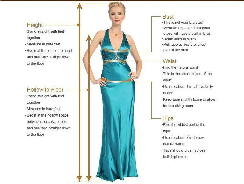 Teal evening gown with measurement guide on a white background
