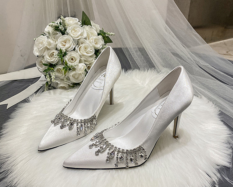 Women Bridal Shoes Silk Satin Wedding Dress Shoes Bridesmaid High Heels Fringe Pearls Bridals Shoes - NEWYORKLISTED