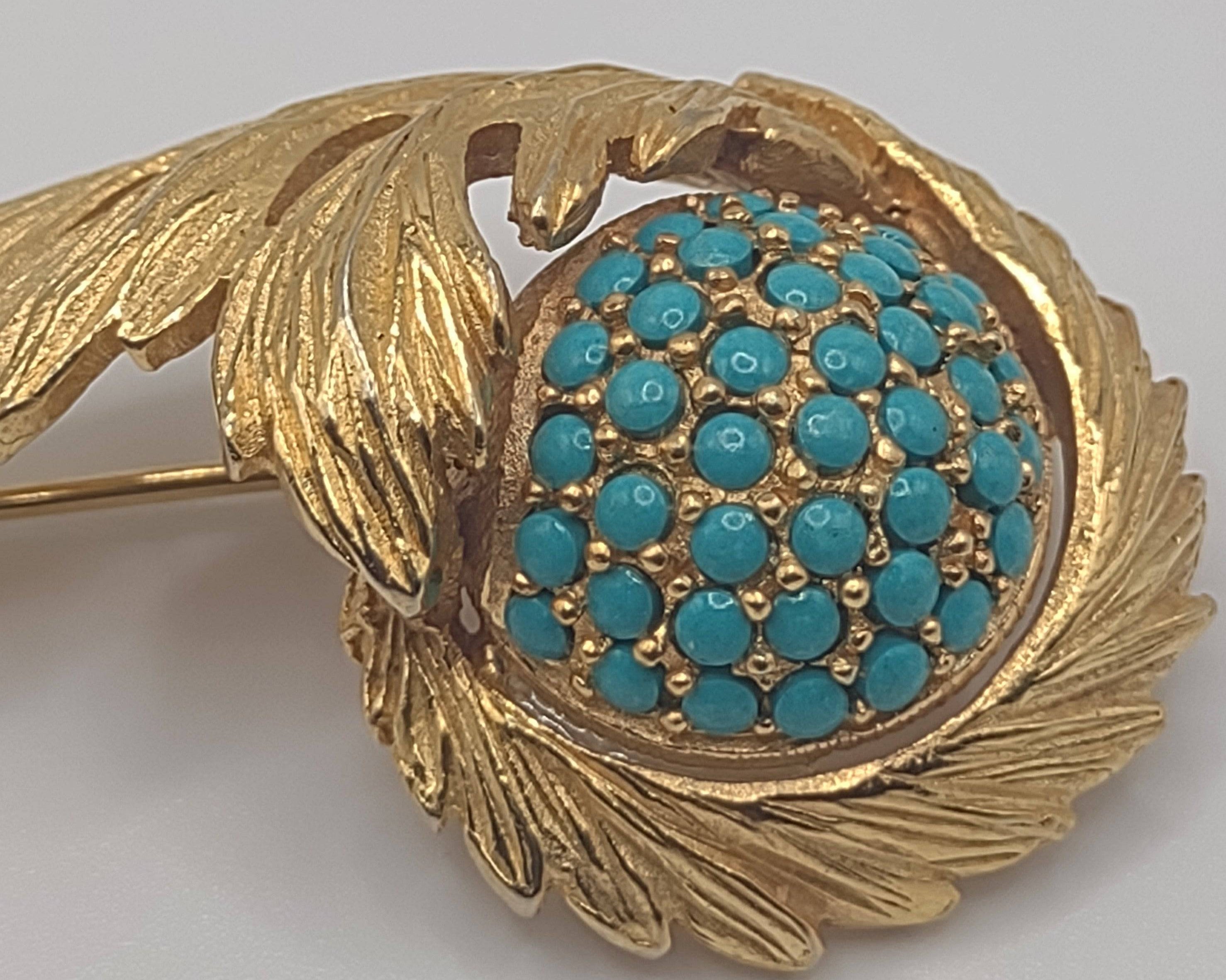 Hattie Carnegie Broach with simulated turquoise beading in gold tone