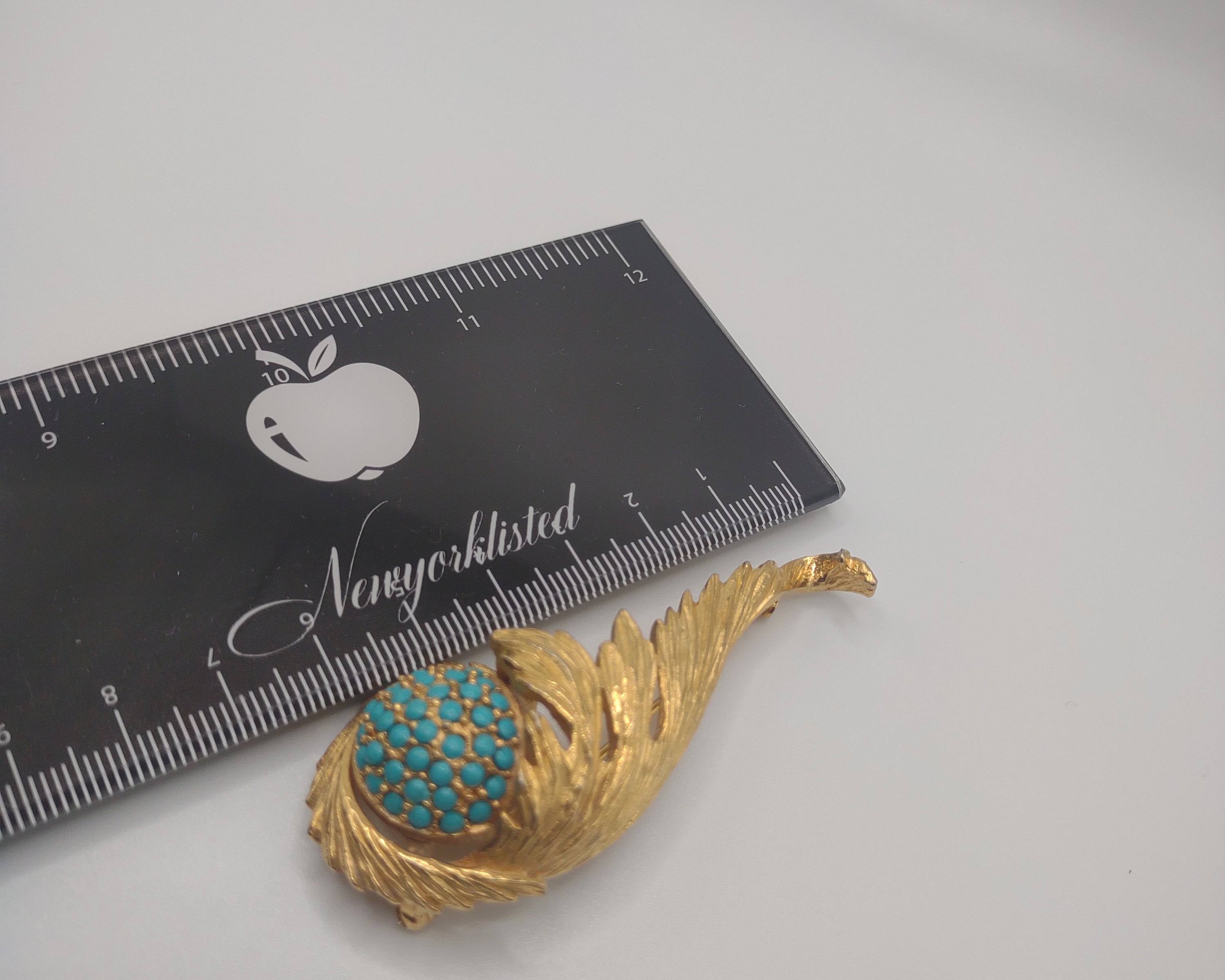 Elegant Hattie Carnegie Gold Tone Swirl Brooch with Simulated Turquoise Stones - NEWYORKLISTED