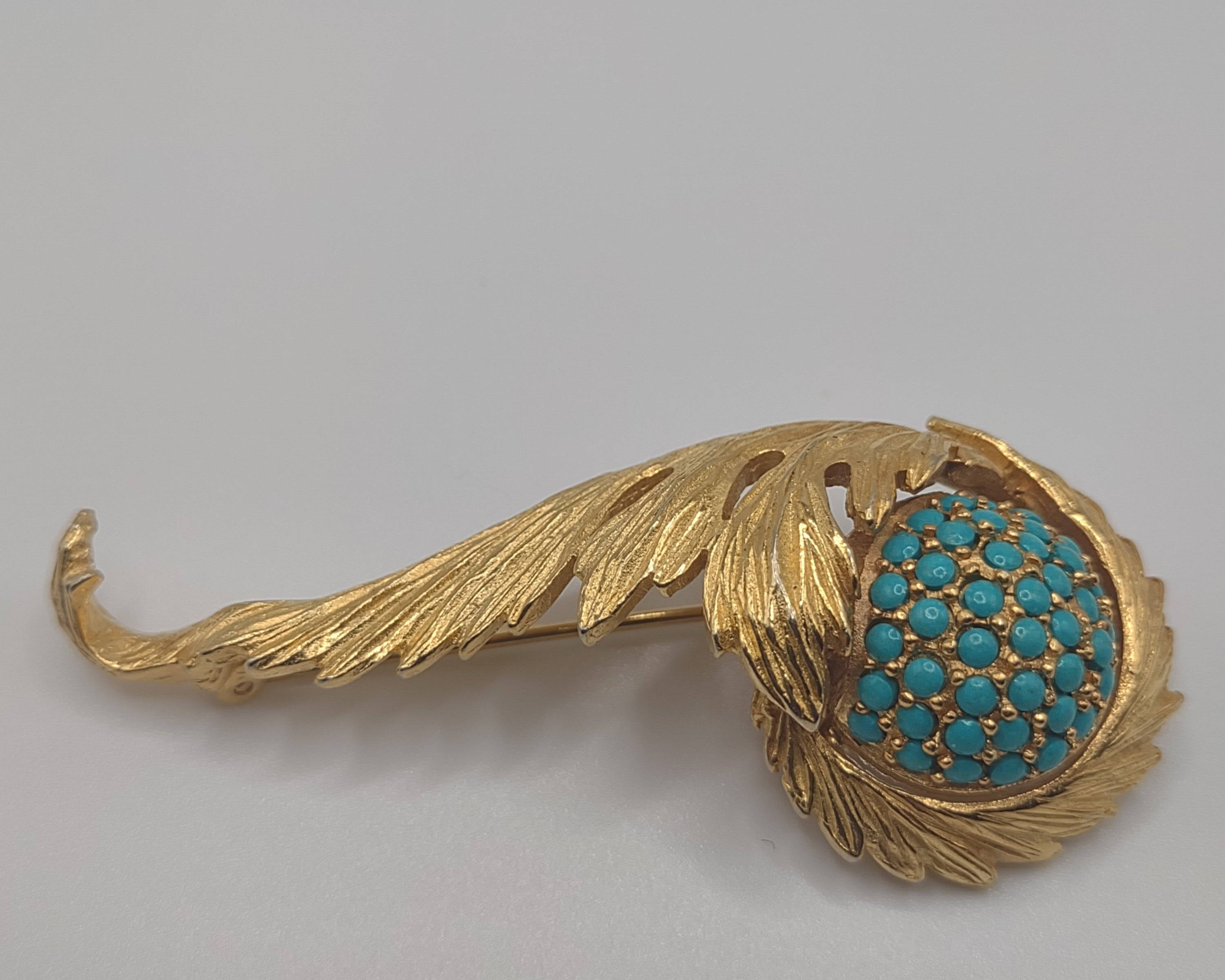 Elegant Hattie Carnegie Gold Tone Swirl Brooch with Simulated Turquoise Stones - NEWYORKLISTED