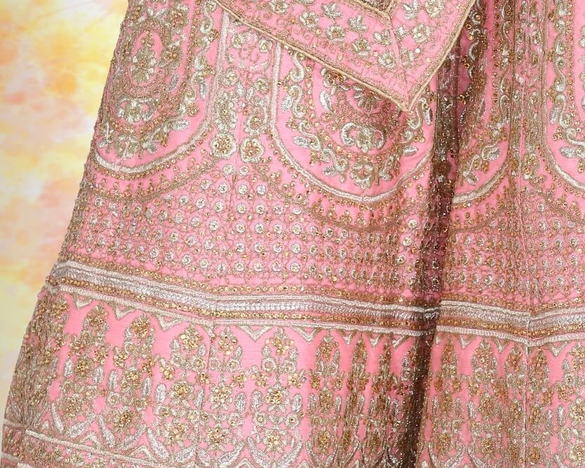 NEWYORKLISTED: Pink Silk Bridal Lehenga with Temple Border & Henna Embroidery – Diamond Work Wedding Ensemble - NEWYORKLISTED