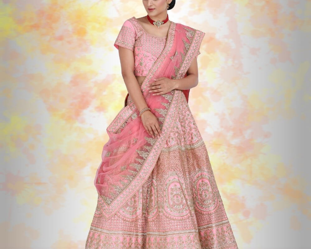 NEWYORKLISTED: Pink Silk Bridal Lehenga with Temple Border & Henna Embroidery – Diamond Work Wedding Ensemble
