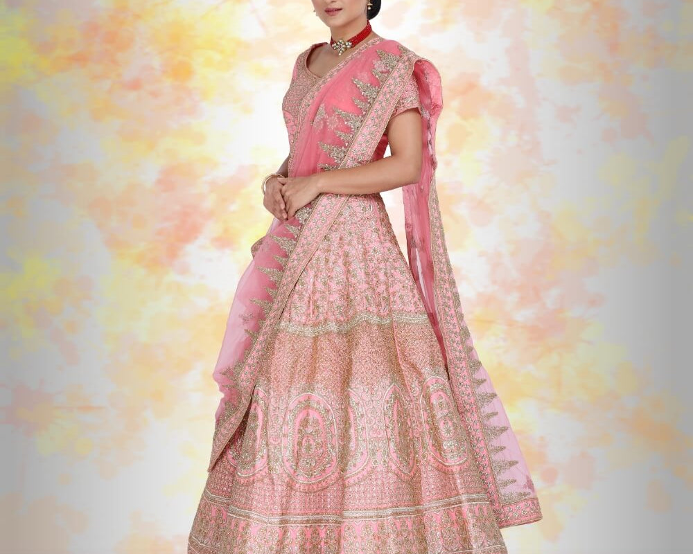 NEWYORKLISTED: Pink Silk Bridal Lehenga with Temple Border & Henna Embroidery – Diamond Work Wedding Ensemble - NEWYORKLISTED