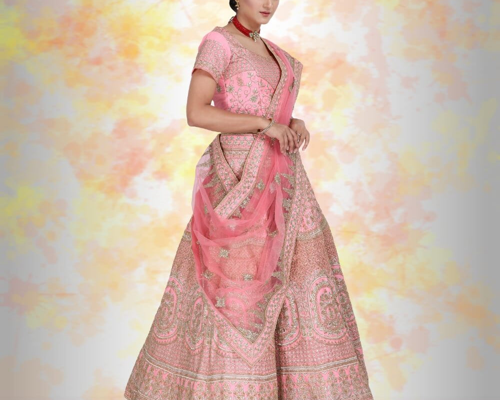 NEWYORKLISTED: Pink Silk Bridal Lehenga with Temple Border & Henna Embroidery – Diamond Work Wedding Ensemble - NEWYORKLISTED