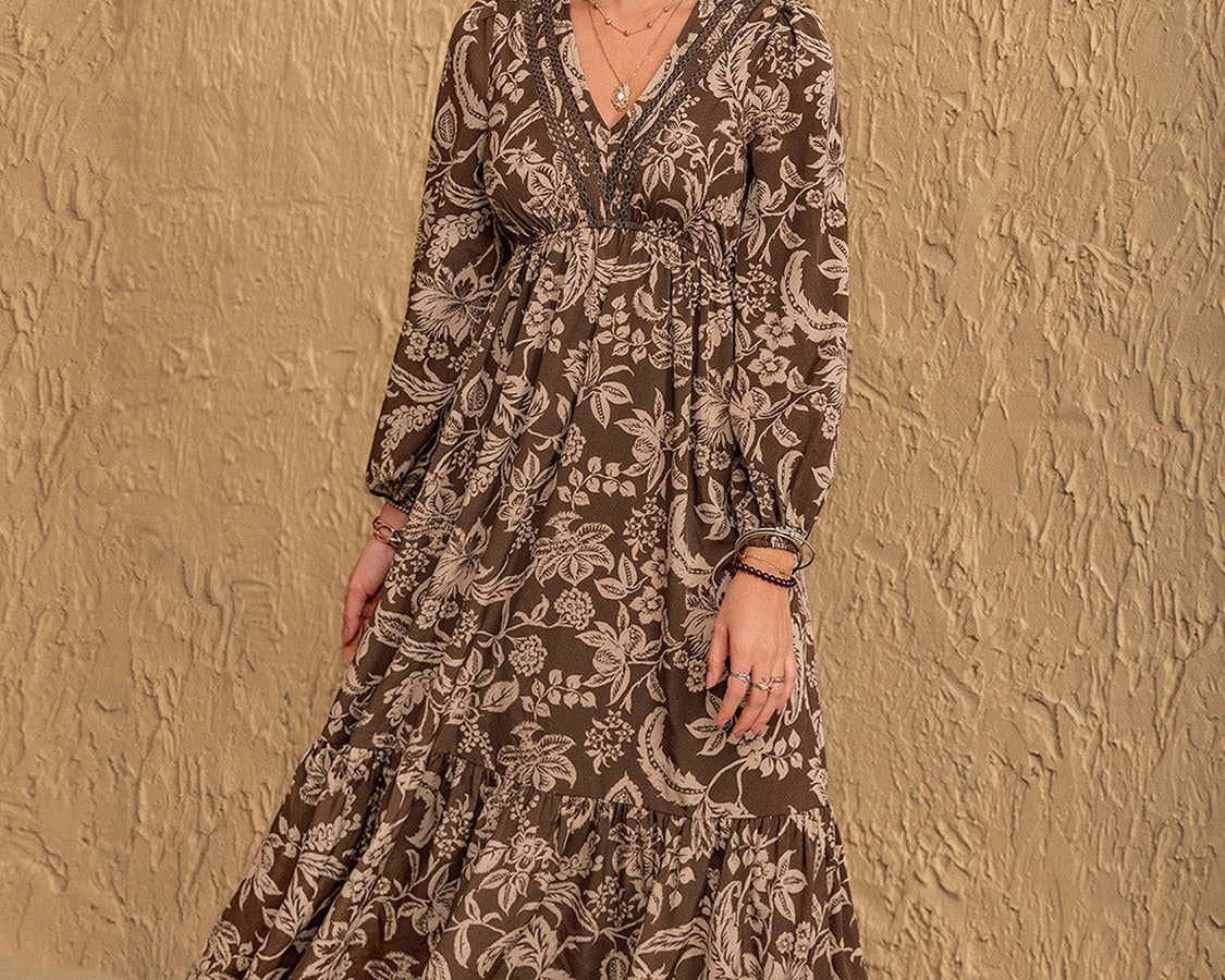 Ruched Printed V-Neck Long Sleeve Midi Dress - NEWYORKLISTED