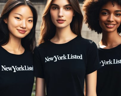 Three women wearing black t-shirts with 'New York Listed' text against a neutral background