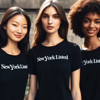 Three women wearing black t-shirts with 'New York Listed' text against a neutral background