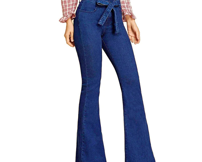 Blue Tie Waist Flare Jeans Women Slim Denim Trousers Vintage Clothes 2021 Spring High  Pants Belted Stretchy Wide Leg - NEWYORKLISTED