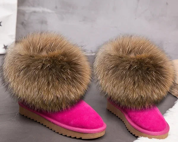 G&Zaco Luxury Winter Snow Boots Women Natural Real Fox Fur Boots Waterproof Genuine Suede Leather Boots Black Flat Short Boot - NEWYORKLISTED