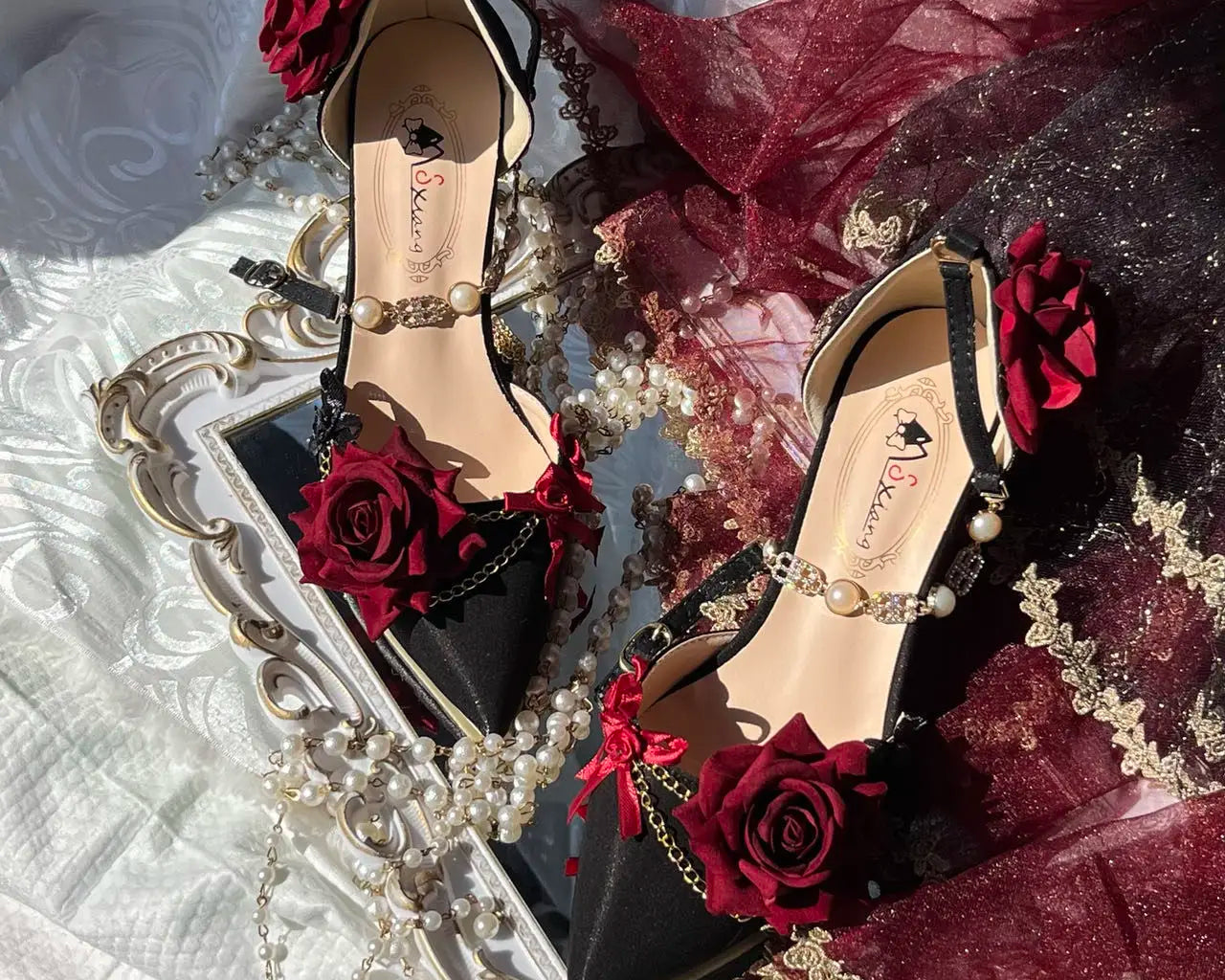 Black Red Gothic Lolita Shoe Wedding Lolita High Heels for Ladies Rose Pointed Toe Dress Shoes for Womenluxury Shoes Sss Grade - NEWYORKLISTED