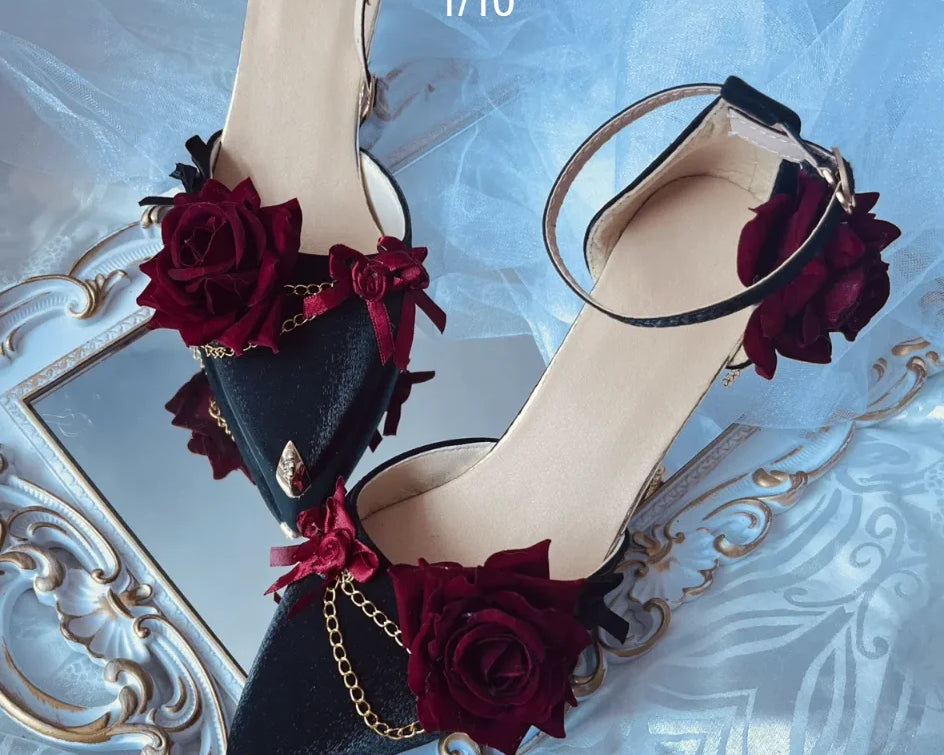 Black Red Gothic Lolita Shoe Wedding Lolita High Heels for Ladies Rose Pointed Toe Dress Shoes for Womenluxury Shoes Sss Grade - NEWYORKLISTED