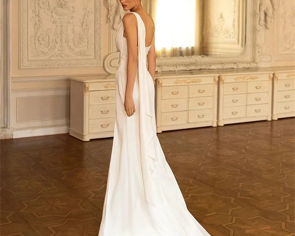 Satin Elegant Wedding Dresses Square Collar One-Shoulder Bridal Gowns Sexy Backless Side Slit Wedding Dress Vestidos De Novia - NEWYORKLISTED