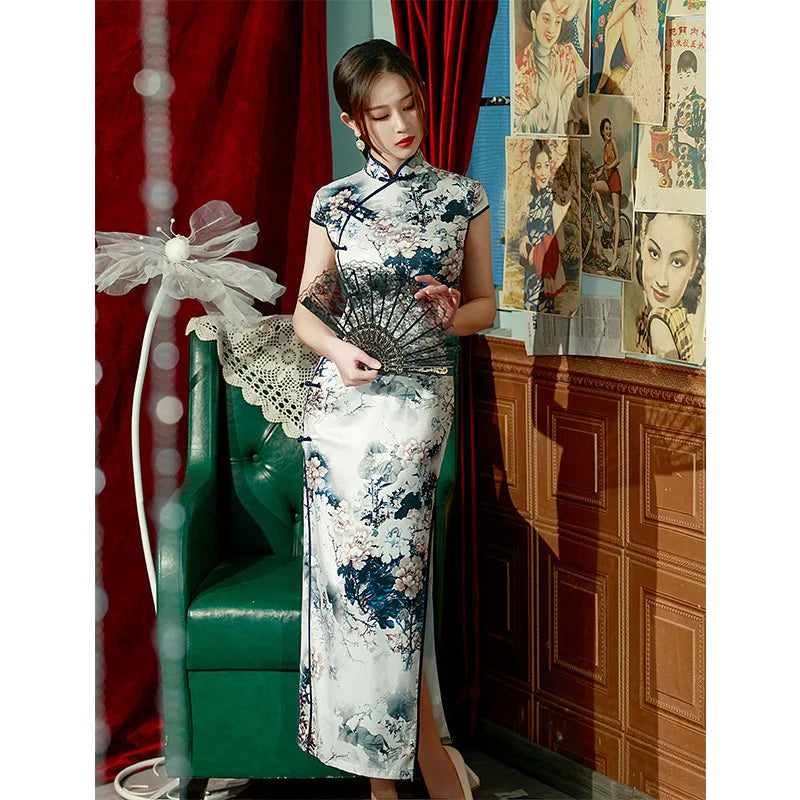 Yourqipao Spring Ice Silk Qipao Cheongsam Dress Three-Quarter Sleeves Long Modified Side Eight-Button Double-Layer Chinese Style - NEWYORKLISTED