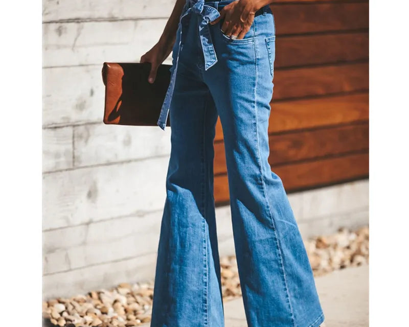 Blue Tie Waist Flare Jeans Women Slim Denim Trousers Vintage Clothes 2021 Spring High  Pants Belted Stretchy Wide Leg - NEWYORKLISTED