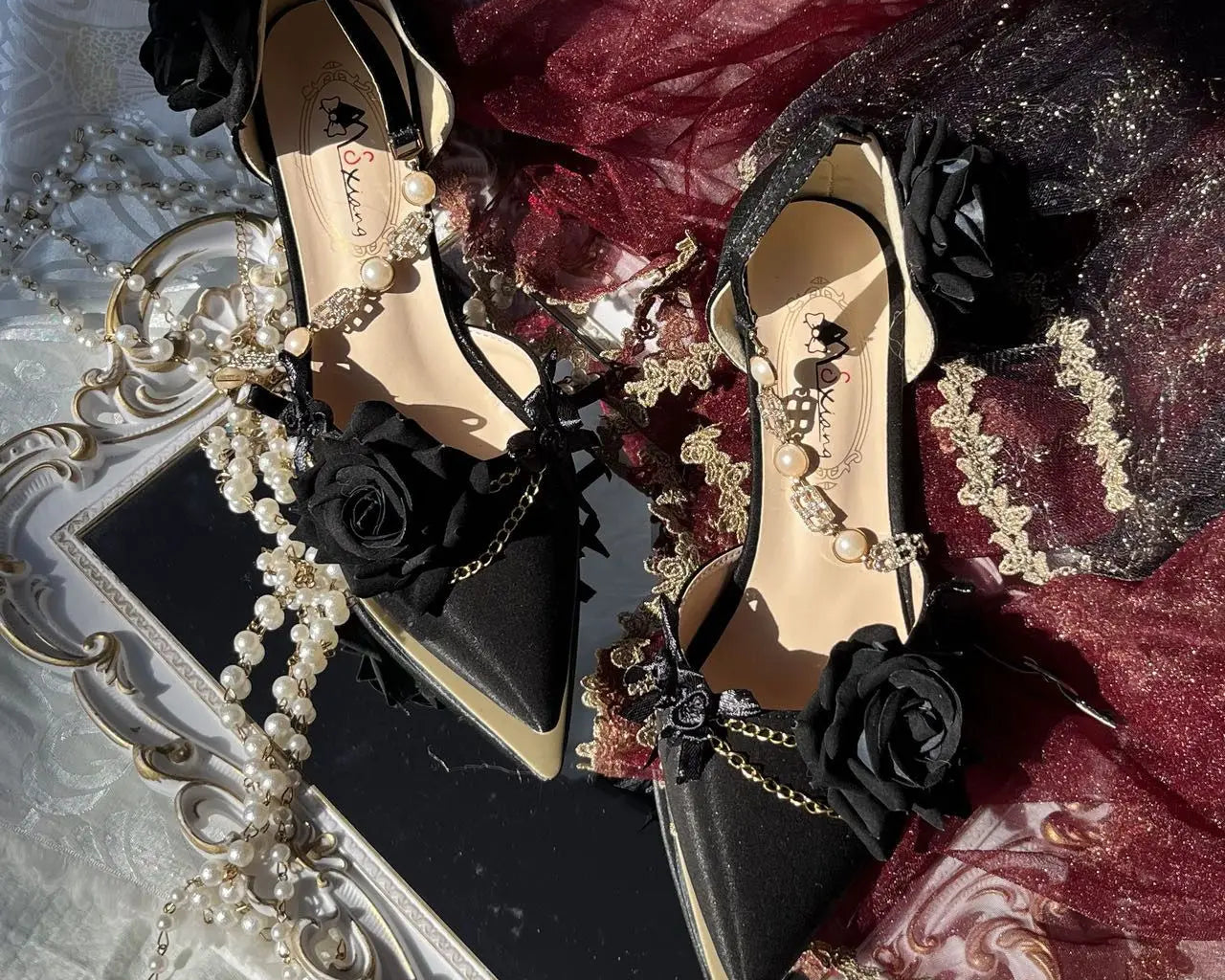 Black Red Gothic Lolita Shoe Wedding Lolita High Heels for Ladies Rose Pointed Toe Dress Shoes for Womenluxury Shoes Sss Grade - NEWYORKLISTED