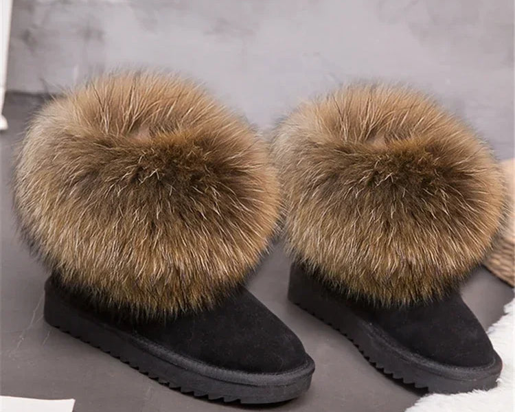 G&Zaco Luxury Winter Snow Boots Women Natural Real Fox Fur Boots Waterproof Genuine Suede Leather Boots Black Flat Short Boot - NEWYORKLISTED