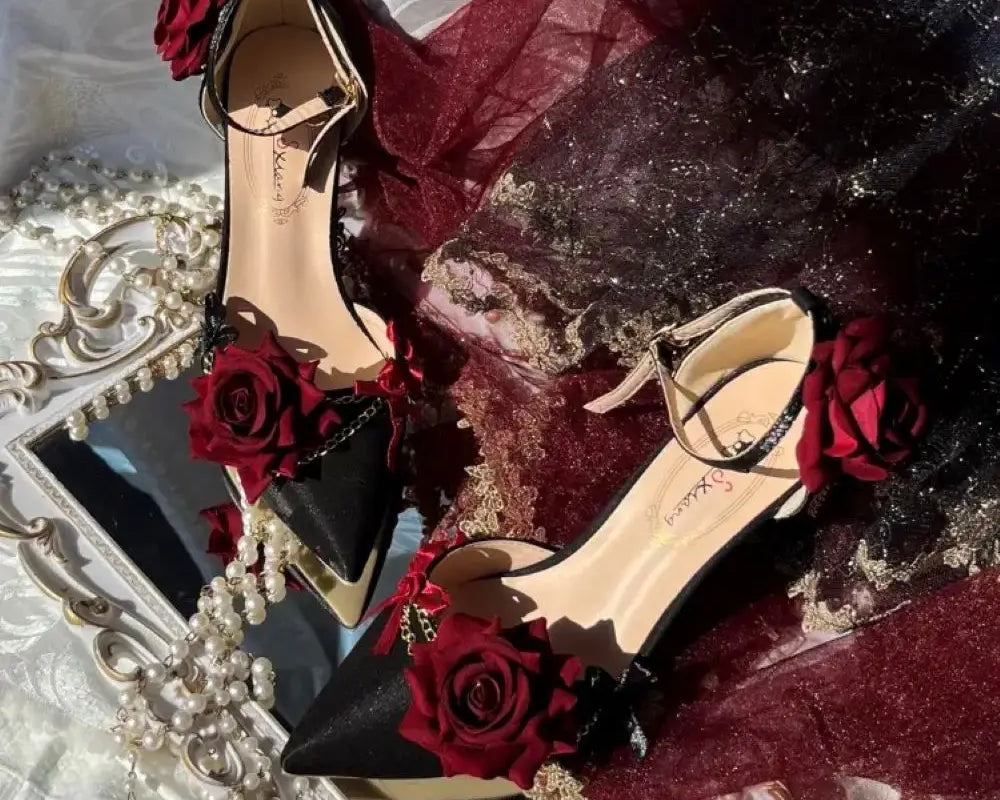 Black Red Gothic Lolita Shoe Wedding Lolita High Heels for Ladies Rose Pointed Toe Dress Shoes for Womenluxury Shoes Sss Grade - NEWYORKLISTED