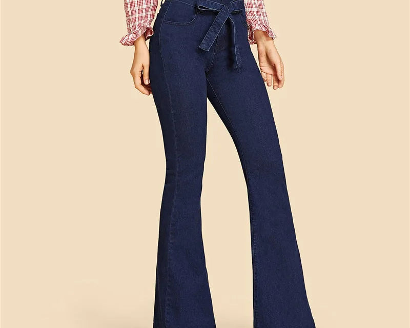 Blue Tie Waist Flare Jeans Women Slim Denim Trousers Vintage Clothes 2021 Spring High  Pants Belted Stretchy Wide Leg - NEWYORKLISTED