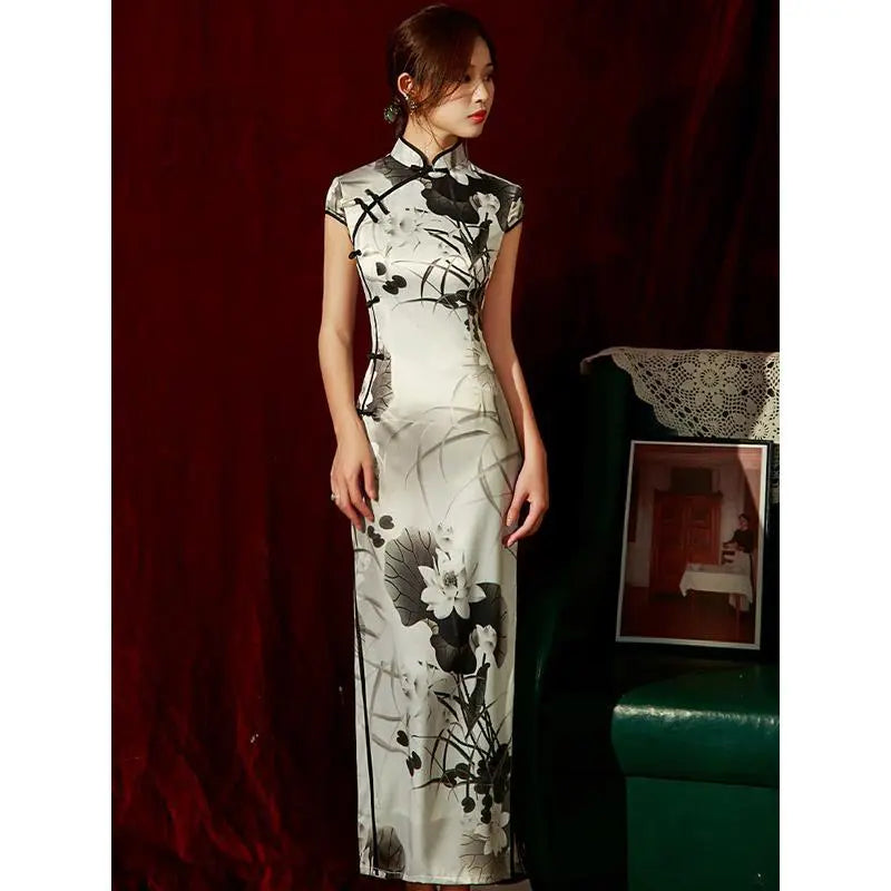 Yourqipao Spring Ice Silk Qipao Cheongsam Dress Three-Quarter Sleeves Long Modified Side Eight-Button Double-Layer Chinese Style - NEWYORKLISTED
