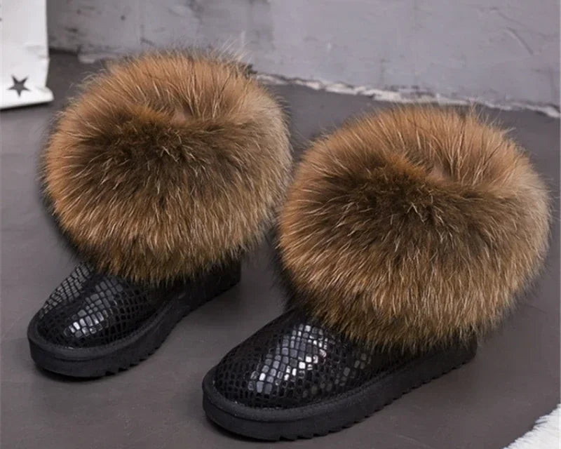 G&Zaco Luxury Winter Snow Boots Women Natural Real Fox Fur Boots Waterproof Genuine Suede Leather Boots Black Flat Short Boot - NEWYORKLISTED