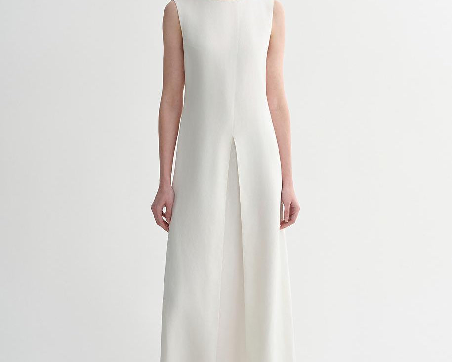 Mulberry Silk Sleeveless Round Neck Oblique Pleated A-Line White Dress - NEWYORKLISTED