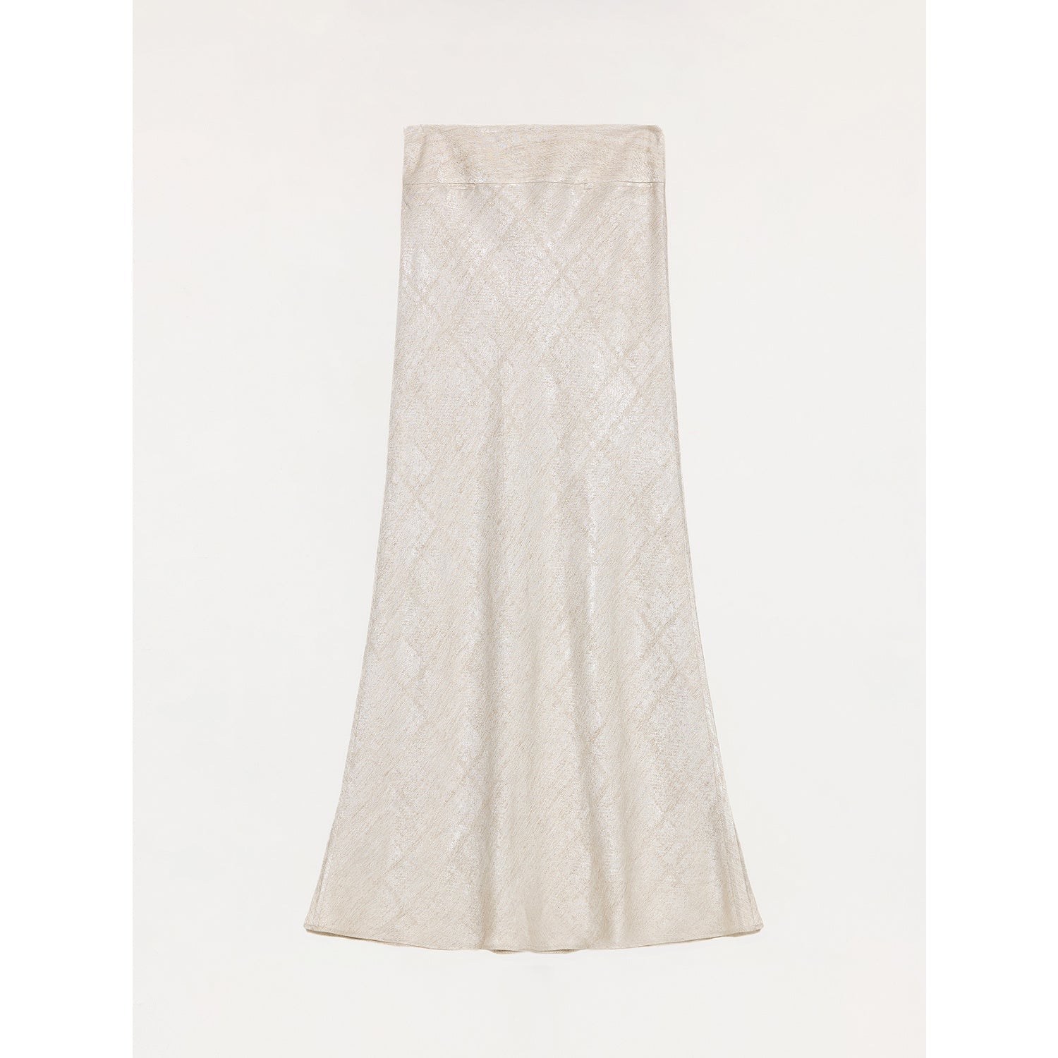 Long, light-colored skirt with a subtle pattern on a white background