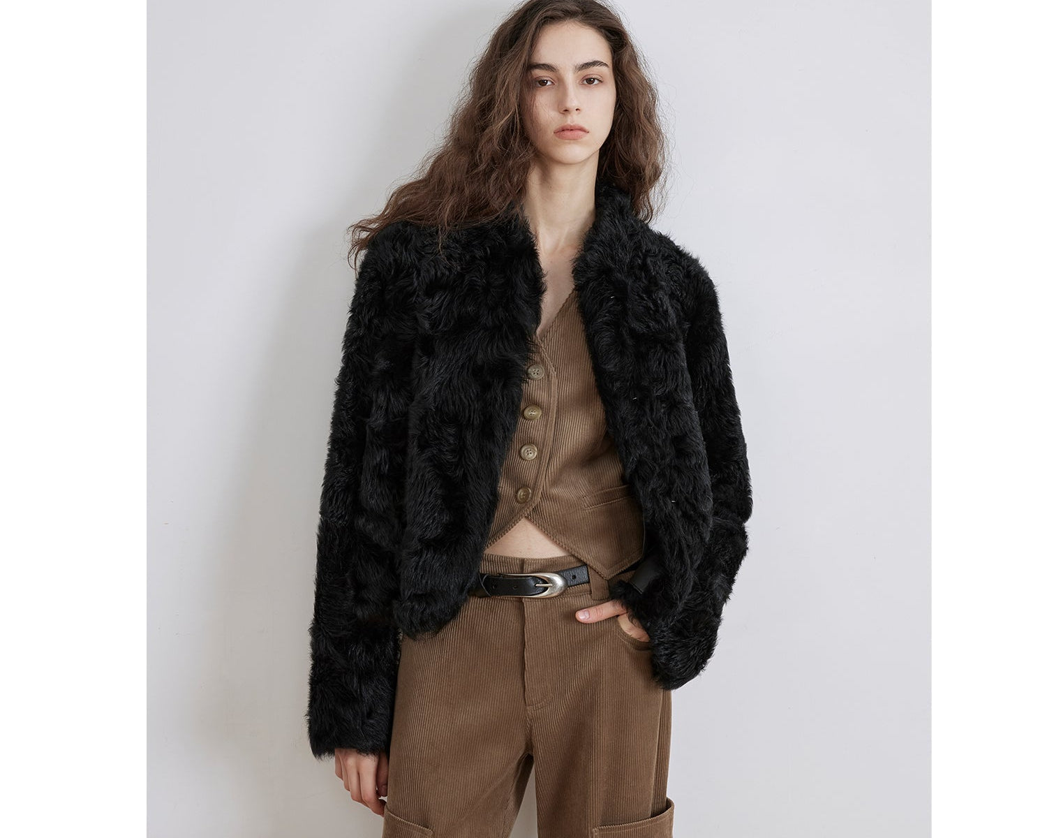 NEWYORKLISTED STYLE COLLECTION: Person wearing a black fur jacket and brown pants against a white background
