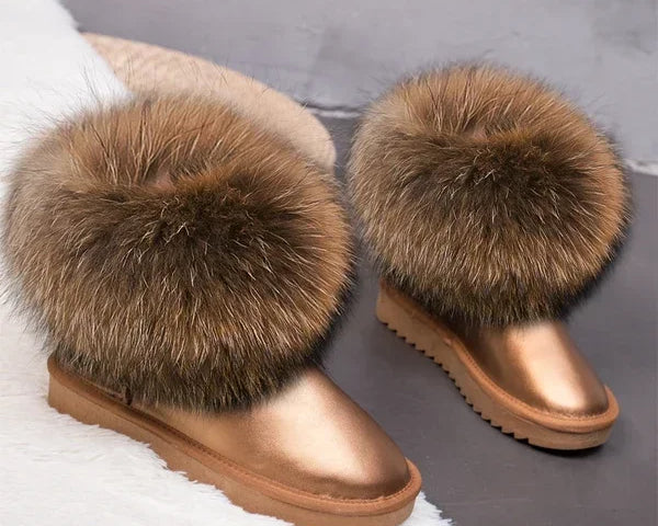 G&Zaco Luxury Winter Snow Boots Women Natural Real Fox Fur Boots Waterproof Genuine Suede Leather Boots Black Flat Short Boot - NEWYORKLISTED