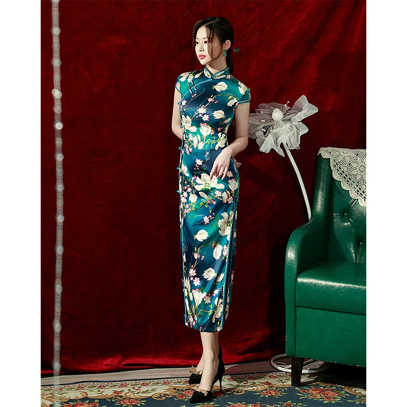 Yourqipao Spring Ice Silk Qipao Cheongsam Dress Three-Quarter Sleeves Long Modified Side Eight-Button Double-Layer Chinese Style - NEWYORKLISTED