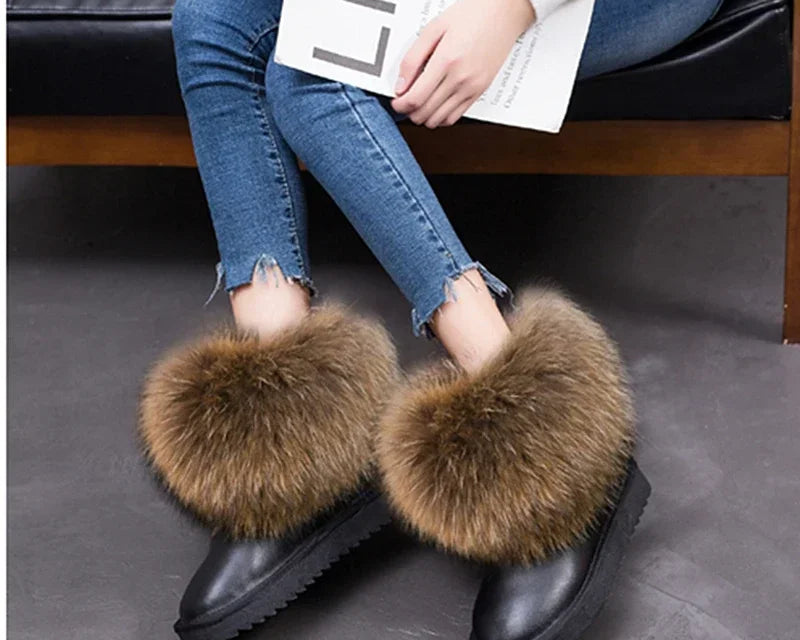 G&Zaco Luxury Winter Snow Boots Women Natural Real Fox Fur Boots Waterproof Genuine Suede Leather Boots Black Flat Short Boot - NEWYORKLISTED