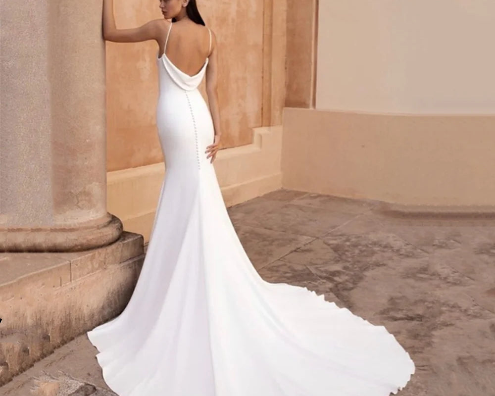 Simple Mermaid Wedding Dress White Satin Cowl Neck Sexy Spaghetti Strap Beach Bridal Gown Long Train Buttons Vestidos Customized - NEWYORKLISTED