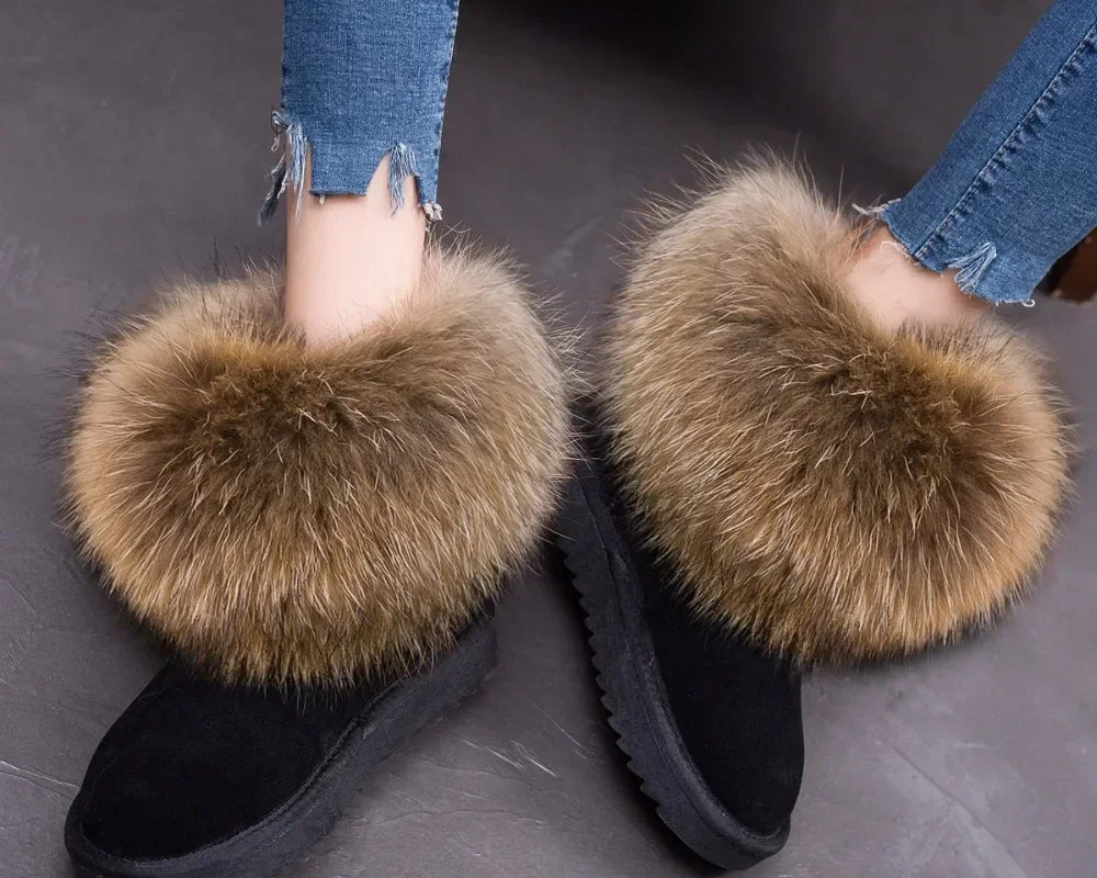 G&Zaco Luxury Winter Snow Boots Women Natural Real Fox Fur Boots Waterproof Genuine Suede Leather Boots Black Flat Short Boot - NEWYORKLISTED