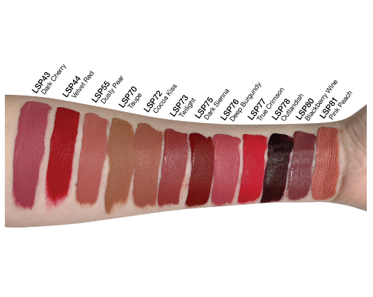 NEWYORKLISTED Cosmetic Collection: Lipstick swatches on a arm with color names below