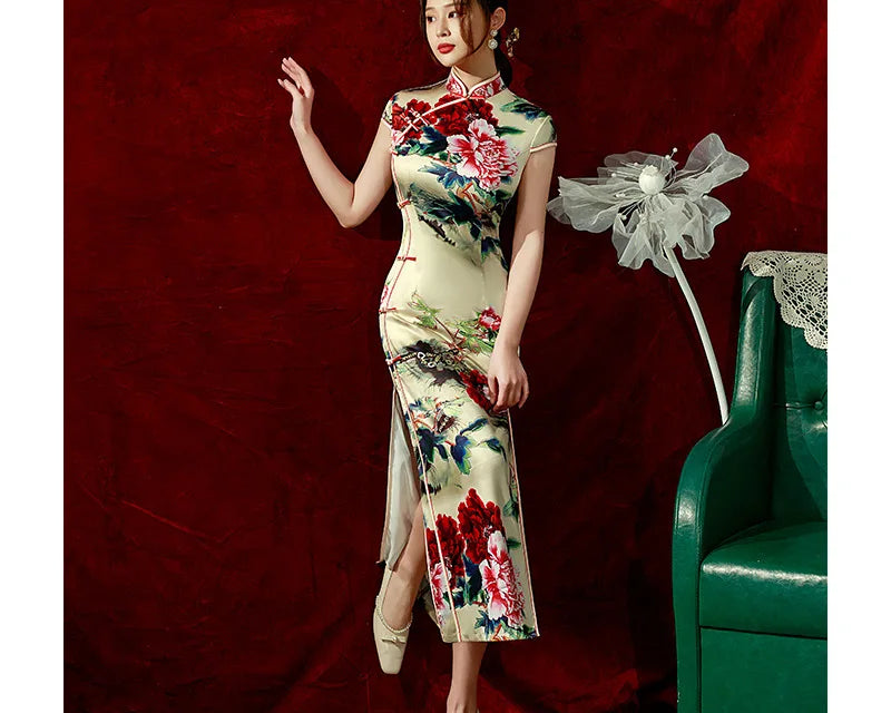 Yourqipao Spring Ice Silk Qipao Cheongsam Dress Three-Quarter Sleeves Long Modified Side Eight-Button Double-Layer Chinese Style - NEWYORKLISTED