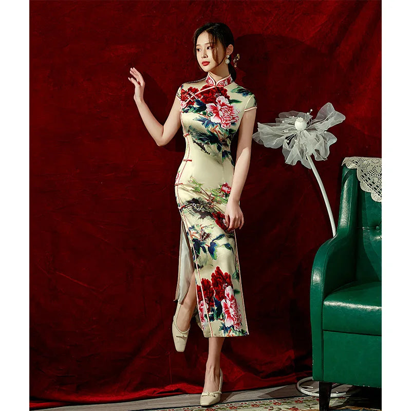 Yourqipao Spring Ice Silk Qipao Cheongsam Dress Three-Quarter Sleeves Long Modified Side Eight-Button Double-Layer Chinese Style - NEWYORKLISTED