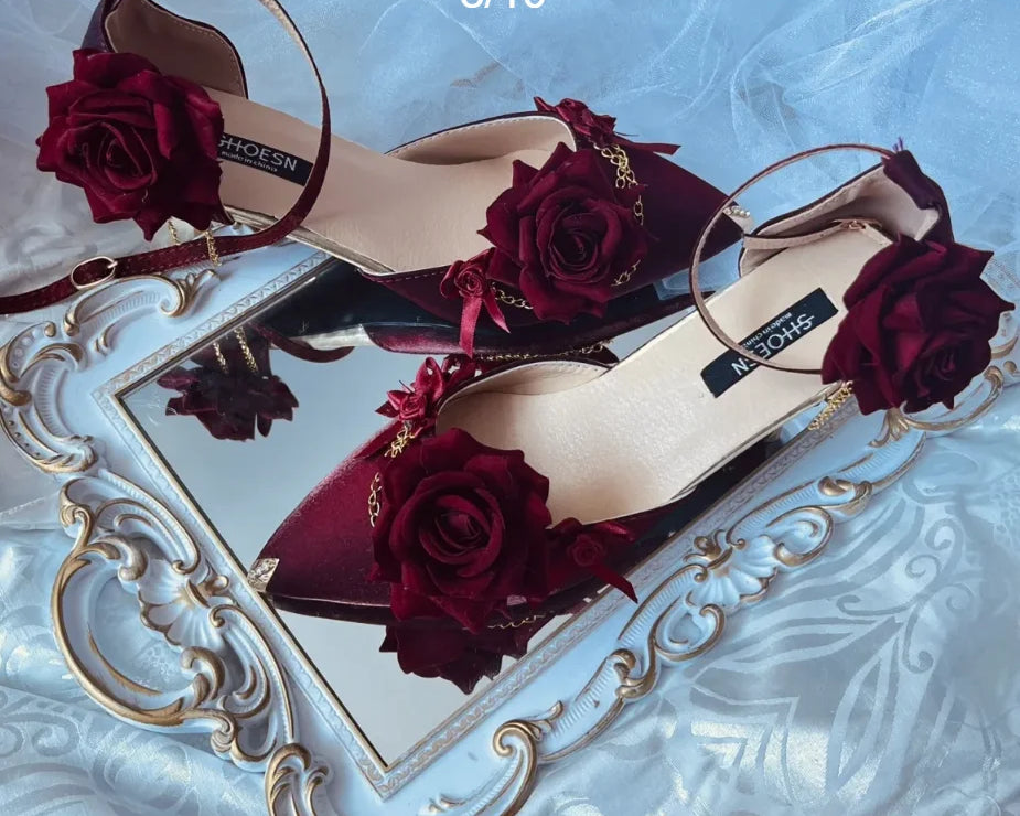 Black Red Gothic Lolita Shoe Wedding Lolita High Heels for Ladies Rose Pointed Toe Dress Shoes for Womenluxury Shoes Sss Grade - NEWYORKLISTED