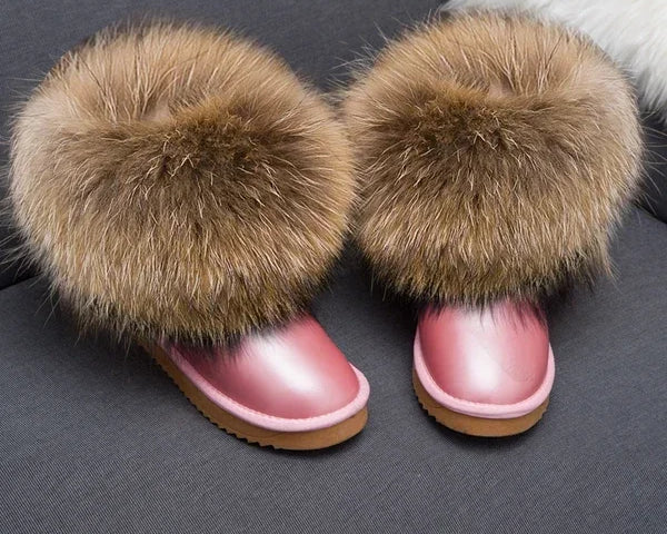 G&Zaco Luxury Winter Snow Boots Women Natural Real Fox Fur Boots Waterproof Genuine Suede Leather Boots Black Flat Short Boot - NEWYORKLISTED