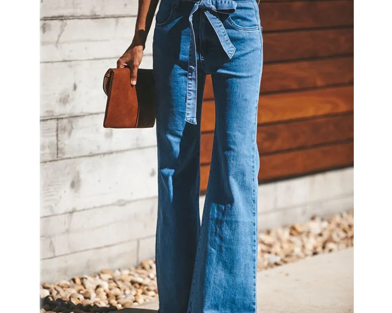 Blue Tie Waist Flare Jeans Women Slim Denim Trousers Vintage Clothes 2021 Spring High  Pants Belted Stretchy Wide Leg - NEWYORKLISTED