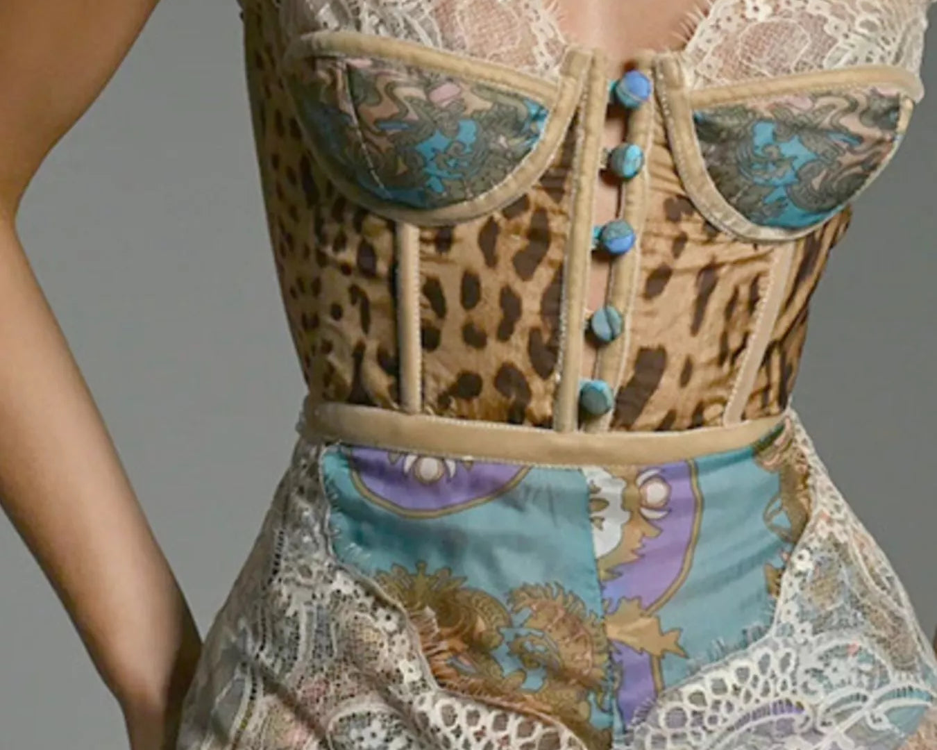 NEWYORKLISTED INTIMATE APPAREL: Leopard print corset with lace details on a gray background
