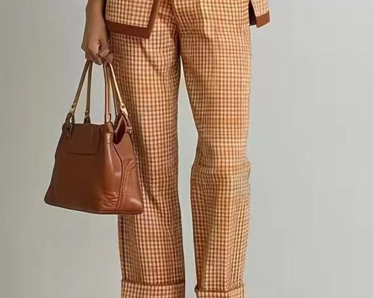 NEWYORKLISTED STYLE COLLECTION: A model wearing a matching orange and beige gingham blazer and cropped trousers with brown trim, holding a brown leather handbag and wearing brown heeled sandals against a light gray studio background.